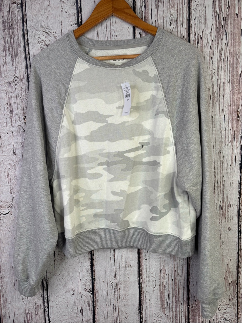 NWT *Light Marks/Discoloration* American Eagle Gray Camo Print Sweatshirt Medium